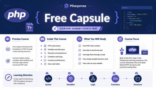 Promotional infographic for the 'PHP Free Capsule' online course by Pihegornex, outlining the course structure, learning direction, and key topics like syntax, variables, logic, functions, and structure.