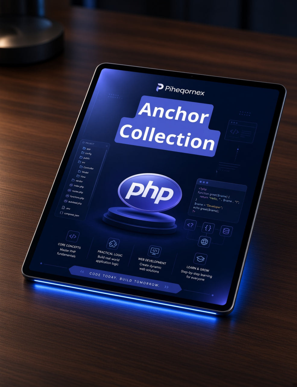 A tablet device on a wooden desk displaying a dark-themed software interface titled 'PHP Anchor Collection' with the PHP logo on screen. The tablet has a blue LED light glowing around its bottom edge.