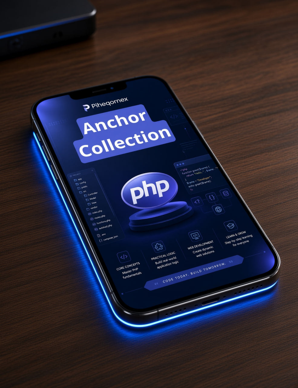 A smartphone lying on a dark wooden surface, displaying a blue-themed software interface titled 'Anchor Collection' with a large 'php' logo on the screen. The phone has a glowing blue LED edge light, and part of another device is visible in the upper left corner.
