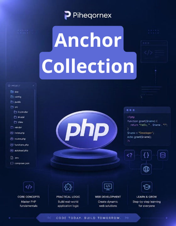 Promotional graphic for a PHP 'Anchor Collection' featuring a large blue 'php' logo on a pedestal, with the Piheqorn brand name at the top and several dark UI-style panels around it on a deep blue background.