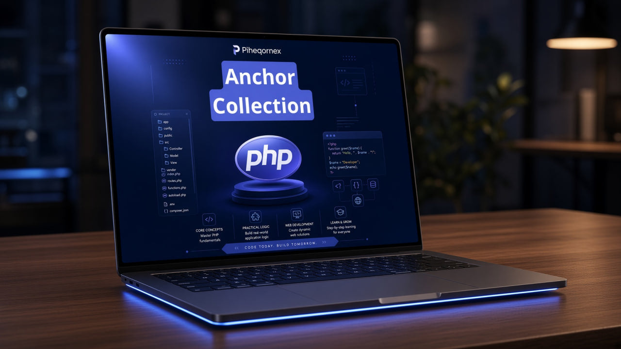 A silver laptop sits open on a wooden desk, displaying a software interface titled 'Anchor Collection' with a large 'php' logo on the screen. The laptop has blue LED lighting along the keyboard edge, set against a blurred dark office background.