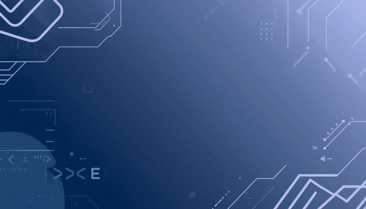 A blue digital background with abstract white circuit board lines, geometric shapes, and faint technical interface graphics.