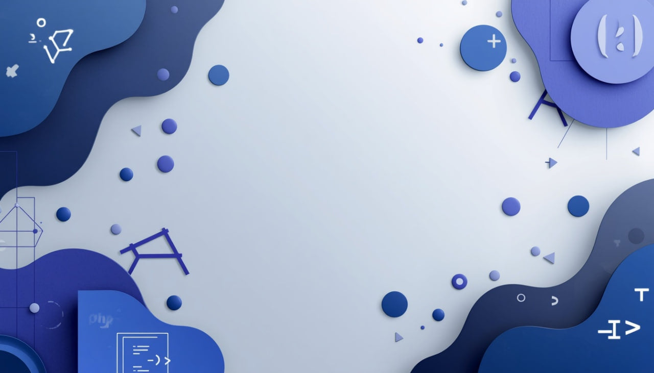 Abstract digital background with layered blue and purple organic shapes, floating circles, and small geometric icons on a pale blue field.