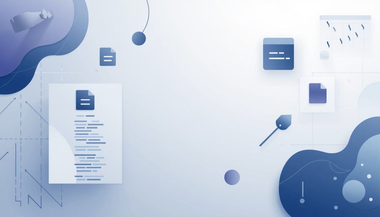 Abstract blue and white digital illustration with floating document icons, abstract shapes, and faint line graphics on a light background.