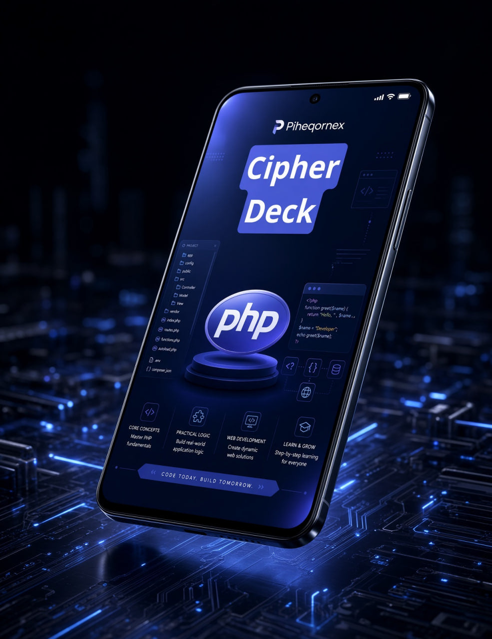 A smartphone displaying the 'Piheqornex' app interface with 'Cipher Deck' and 'php' highlighted, shown at an angle over a futuristic blue circuit-board background.