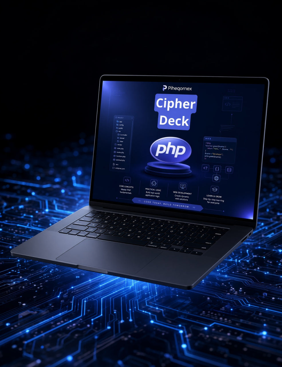 A dark gray laptop displaying the 'Cipher Deck php' software interface, set against a glowing blue circuit board background.