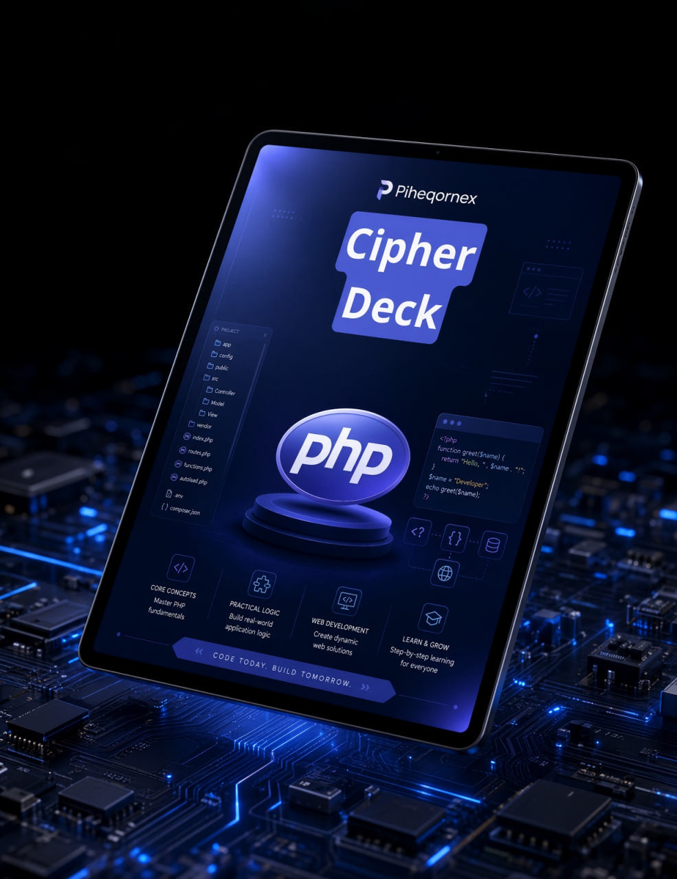 A tablet device displaying the 'Phpegornex Cipher Deck' interface, set against a dark background with glowing blue circuitry and microchips.
