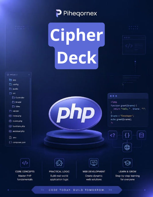 Promotional graphic for Piheqornex Cipher Deck PHP, featuring a dark blue digital interface design with a central glossy blue 'php' logo on a pedestal, large 'Cipher Deck' text, and various code-themed icons and panels.