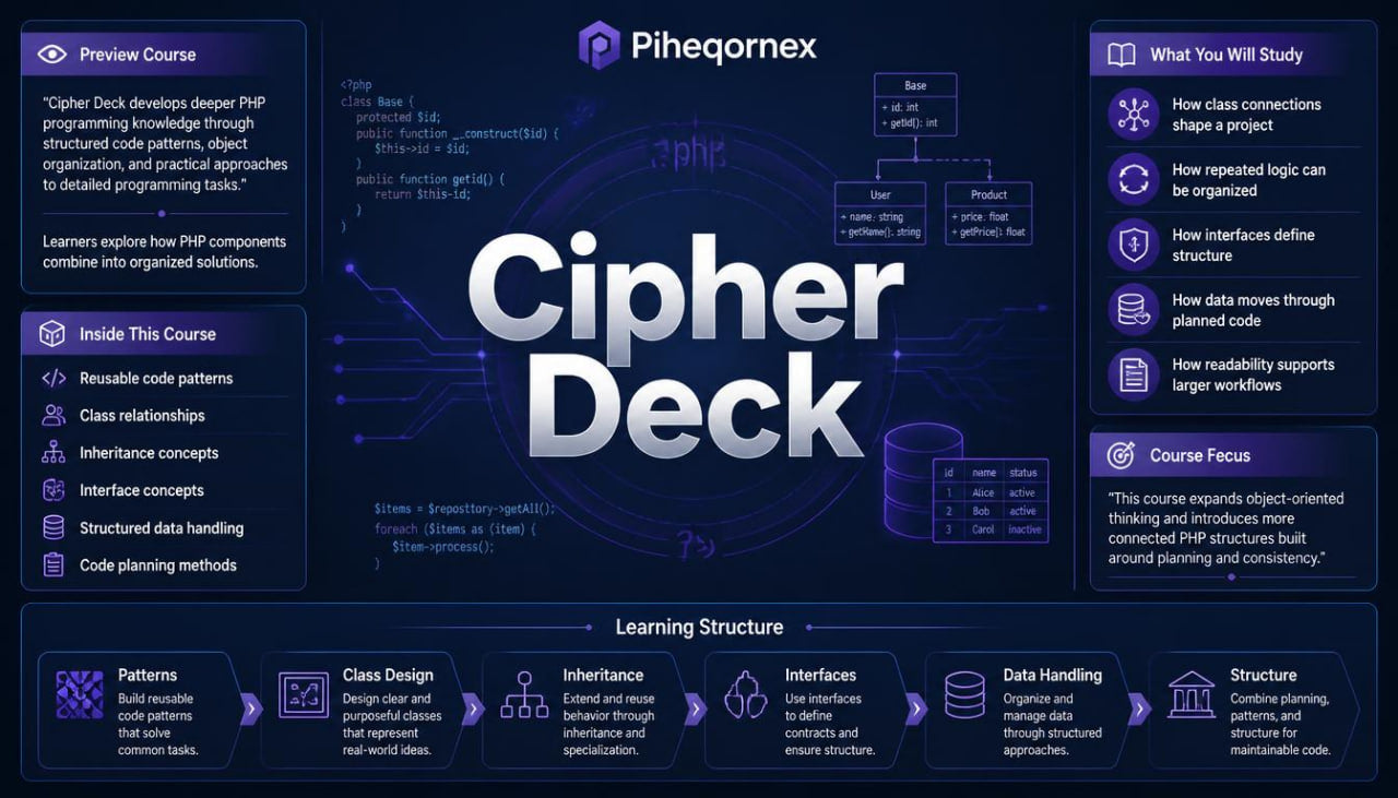 Promotional graphic for Piheqornex's 'Cipher Deck' course, featuring a dark blue and black cyberpunk design with white and blue text, code snippets, and diagrams outlining the learning structure of PHP programming.