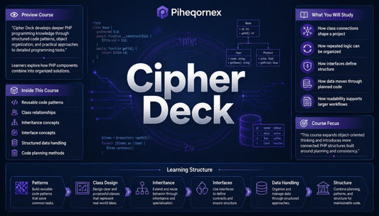 Promotional graphic for Piheqornex's 'Cipher Deck' course, featuring a dark blue and black cyberpunk design with white and blue text, code snippets, and diagrams outlining the learning structure of PHP programming.
