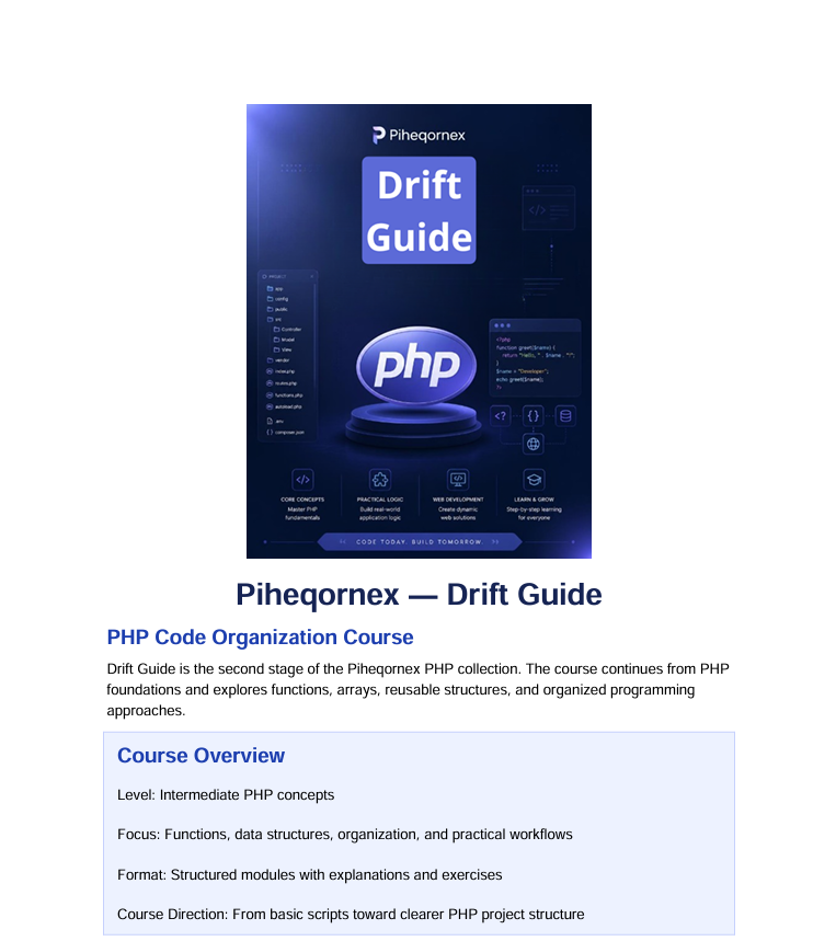 Promotional graphic for the Pihegornex PHP Code Organization Course, featuring a digital course cover mockup, course description, and a course overview table.