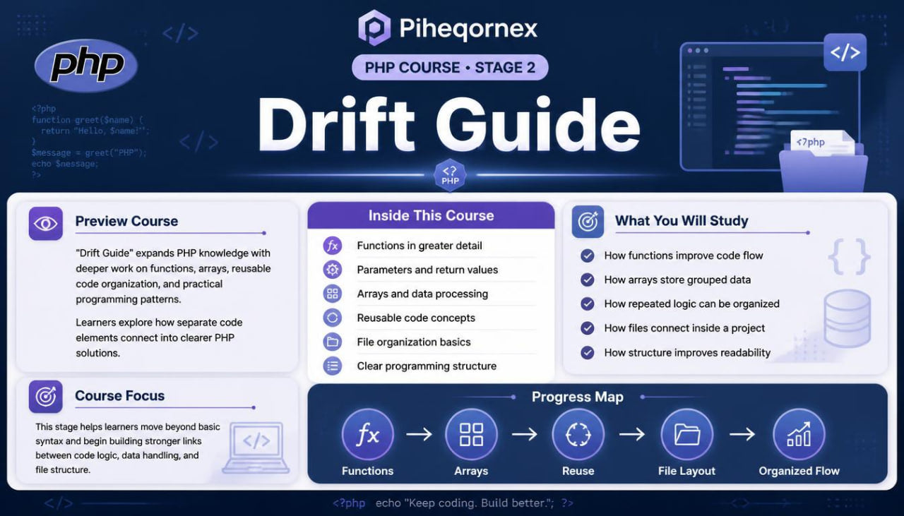 Promotional infographic for Piheqornex PHP Course - Stage 2: Drift Guide. The graphic features a dark navy blue header with the PHP logo and course title, followed by three white panels detailing course previews, contents, and learning outcomes, and a progress map at the bottom.