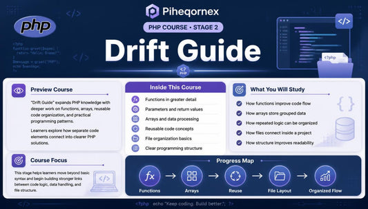 Promotional infographic for Piheqornex PHP Course - Stage 2: Drift Guide. The graphic features a dark navy blue header with the PHP logo and course title, followed by three white panels detailing course previews, contents, and learning outcomes, and a progress map at the bottom.