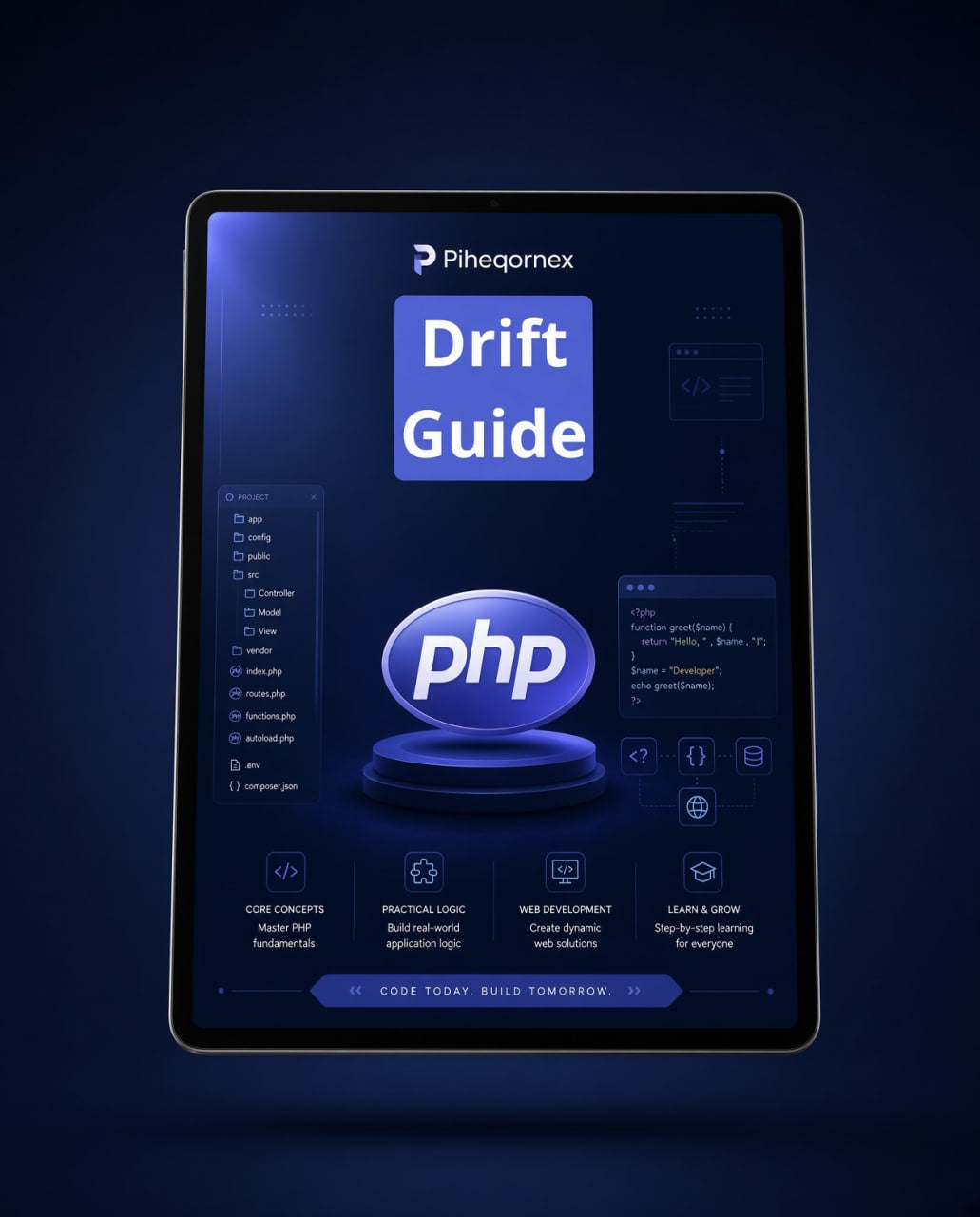 A tablet device displaying a dark blue digital cover titled 'Drift Guide' with the PHP logo and course content, set against a dark blue background.