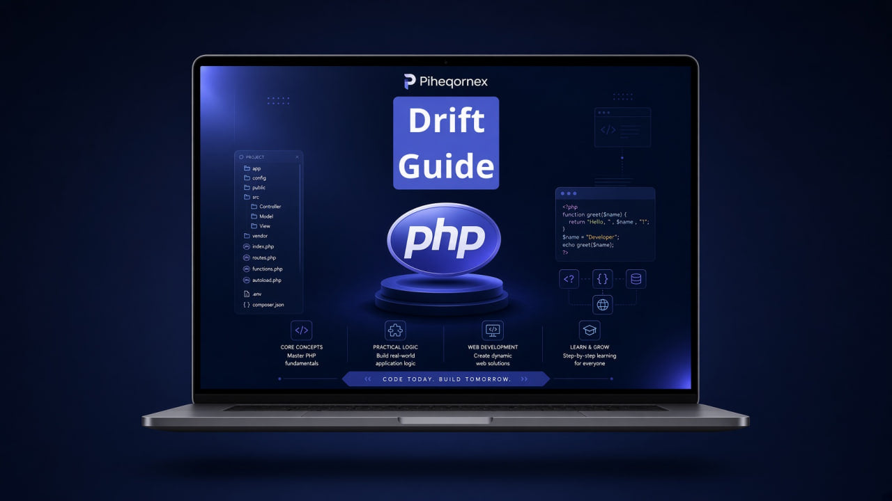 A silver laptop on a dark navy background, displaying a digital course or guide titled 'Drift Guide' with prominent 'php' and 'Rheognex' branding on the screen.