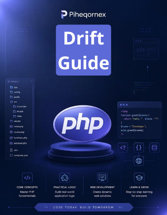 Promotional cover graphic for a PHP Drift Guide by Piheqornex, featuring a dark blue background with a central glossy blue oval containing the white 'php' logo, large 'Drift Guide' text at the top, and several UI-style panels and icons around it.