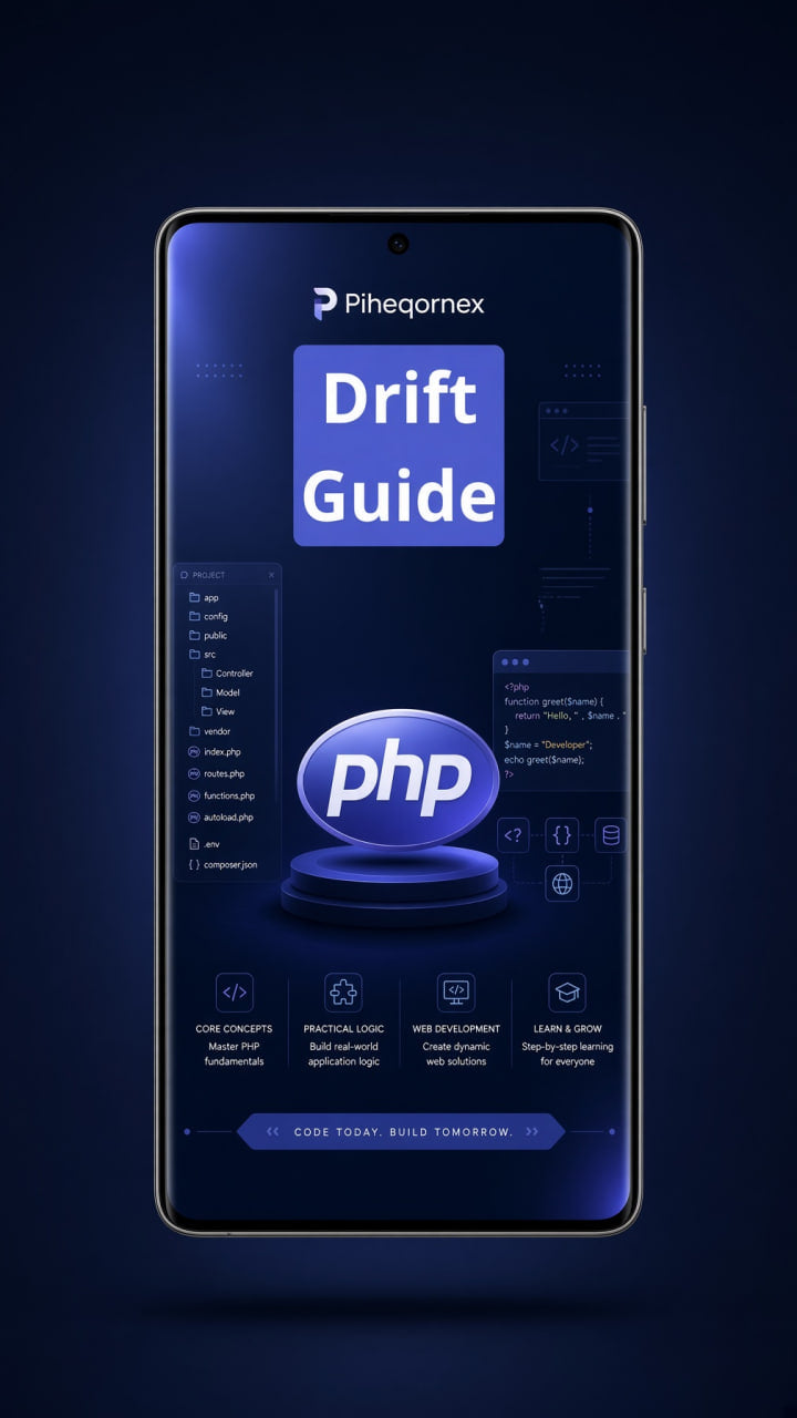 A smartphone centered on a dark navy background, displaying a digital guide titled "Drift Guide" with the PHP logo and Piheqornex branding on the screen.