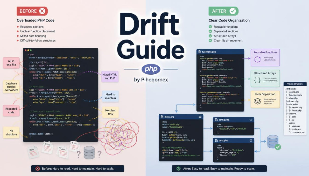 A digital infographic titled 'Drift Guide' for PHP, showing a before-and-after comparison of code organization. The left side, labeled 'BEFORE' with a red X, depicts messy, commented PHP code.