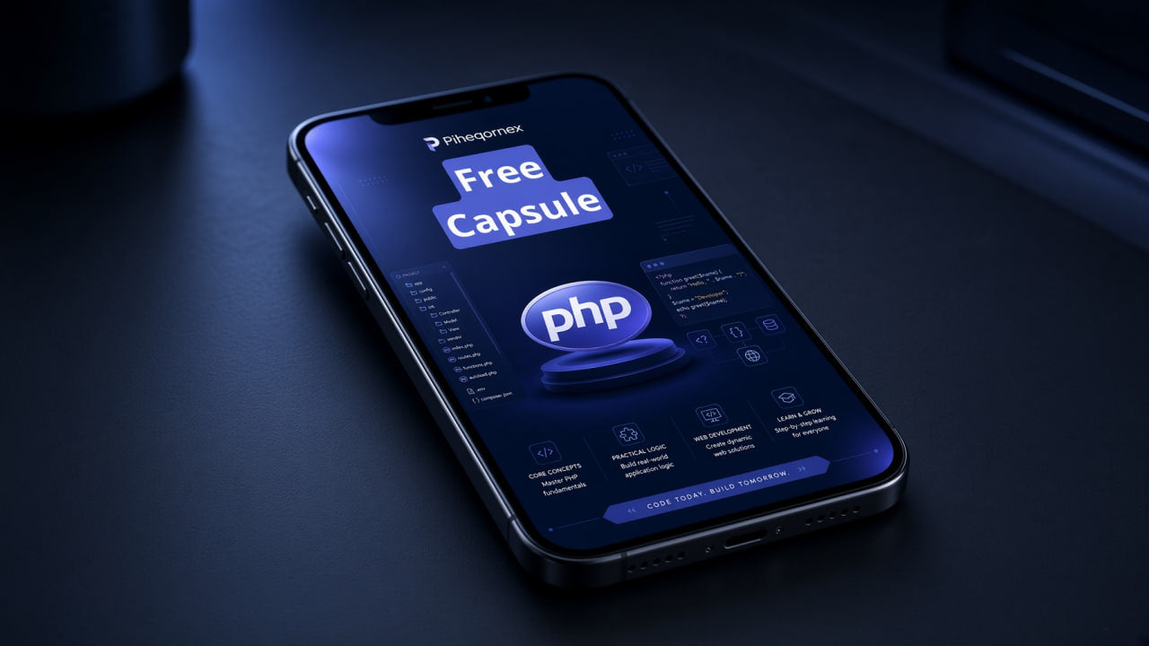 A smartphone lying on a dark surface, displaying a blue and purple interface with the text 'Free Capsule' and a large 'php' logo. The phone is photographed in a moody, low-light setting.