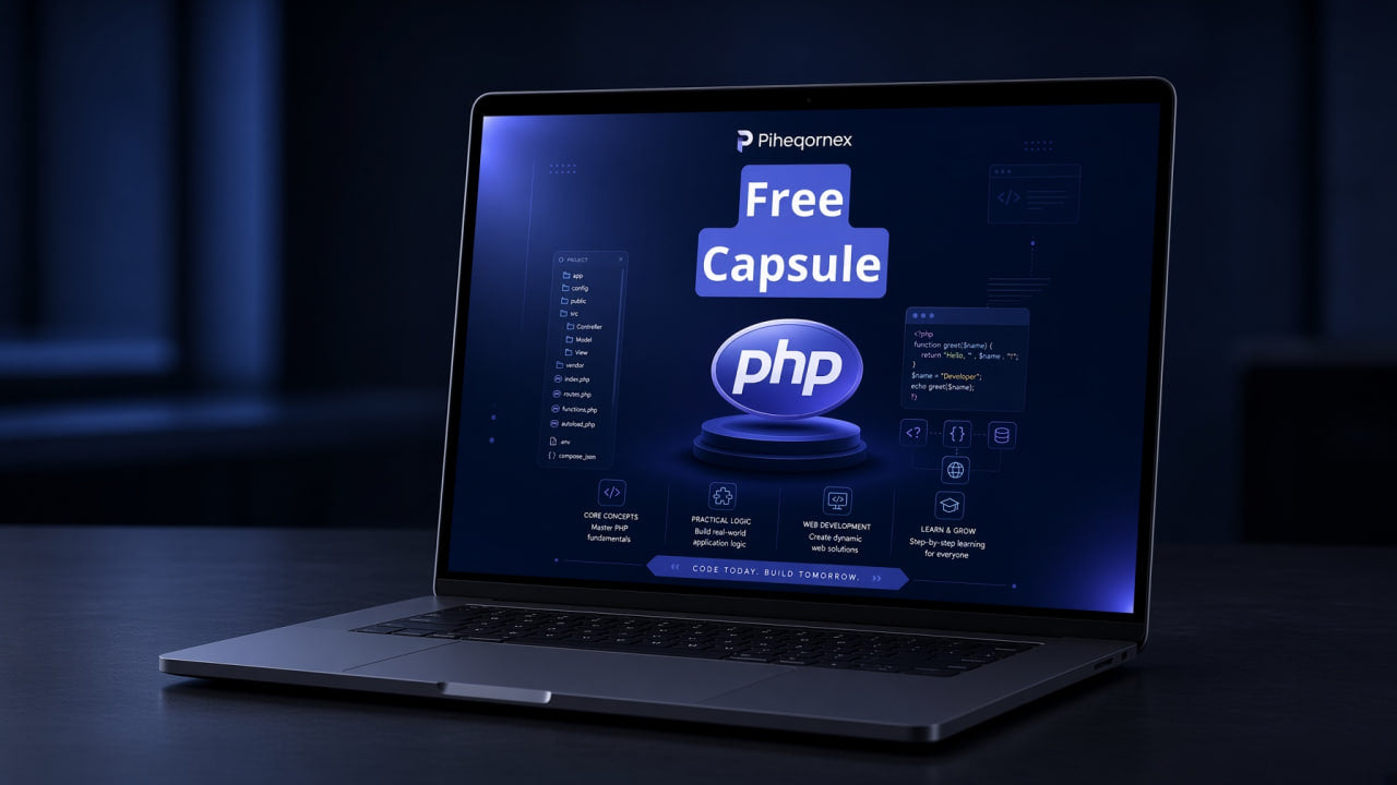 A dark laptop on a table displaying a digital promotional graphic for 'Free Capsule php' by Pihegomex, set against a dark blue background.