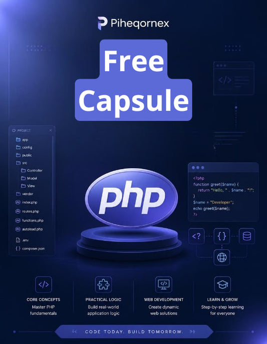 Promotional graphic for Piheqornex Free Capsule PHP course, featuring a large blue 'Free Capsule' title, a central glossy 'php' logo on a pedestal, and dark blue UI-style panels with code and development icons.
