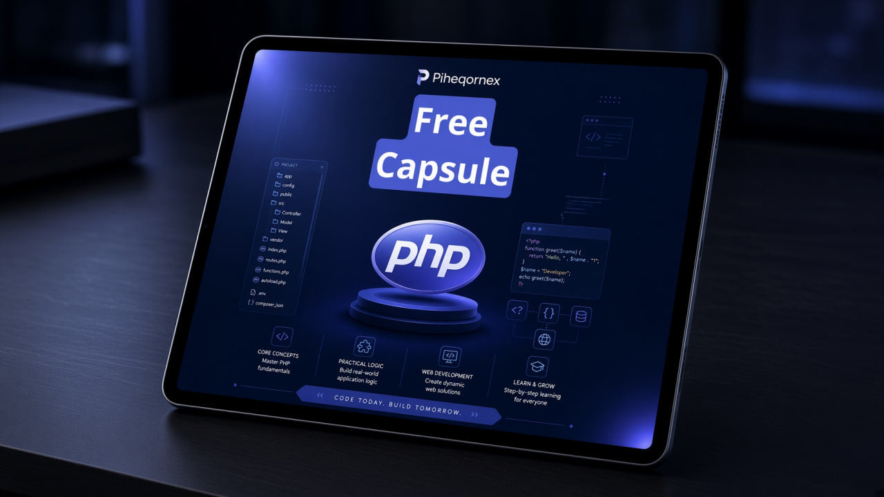 A tablet device displaying a promotional graphic for 'Free Capsule' PHP hosting, resting on a dark wooden surface in a dimly lit room.
