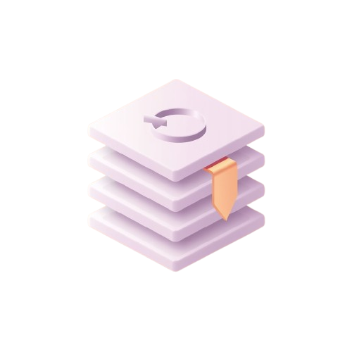 A stylized 3D icon of a stack of light purple square cards or pages with a small peach-orange bookmark ribbon on the side, centered on a solid black background.