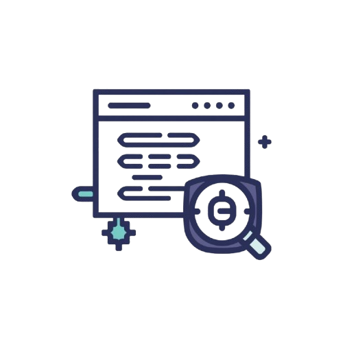 A flat vector icon depicting a web browser window with stylized text and a magnifying glass over a target, rendered in dark blue and light blue on a solid white background.