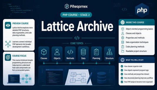 Promotional course graphic for Piheqornex PHP Course - Stage 3: Lattice Archive. The graphic features a dark navy blue background with a central white title, various colored informational panels on the left and right, and digital illustrations of code, servers, and a laptop at the bottom.