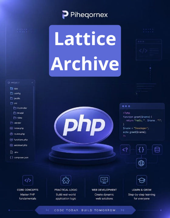 Promotional graphic for 'Lattice Archive' featuring a large blue 'Lattice Archive' title block, a central glossy 'php' logo on a pedestal, and multiple UI-style panels around it on a dark blue background. The Piheqornex brand name appears at the top.