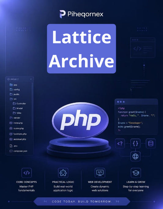 Promotional graphic for 'Lattice Archive' featuring a large blue 'Lattice Archive' title block, a central glossy 'php' logo on a pedestal, and multiple UI-style panels around it on a dark blue background. The Piheqornex brand name appears at the top.