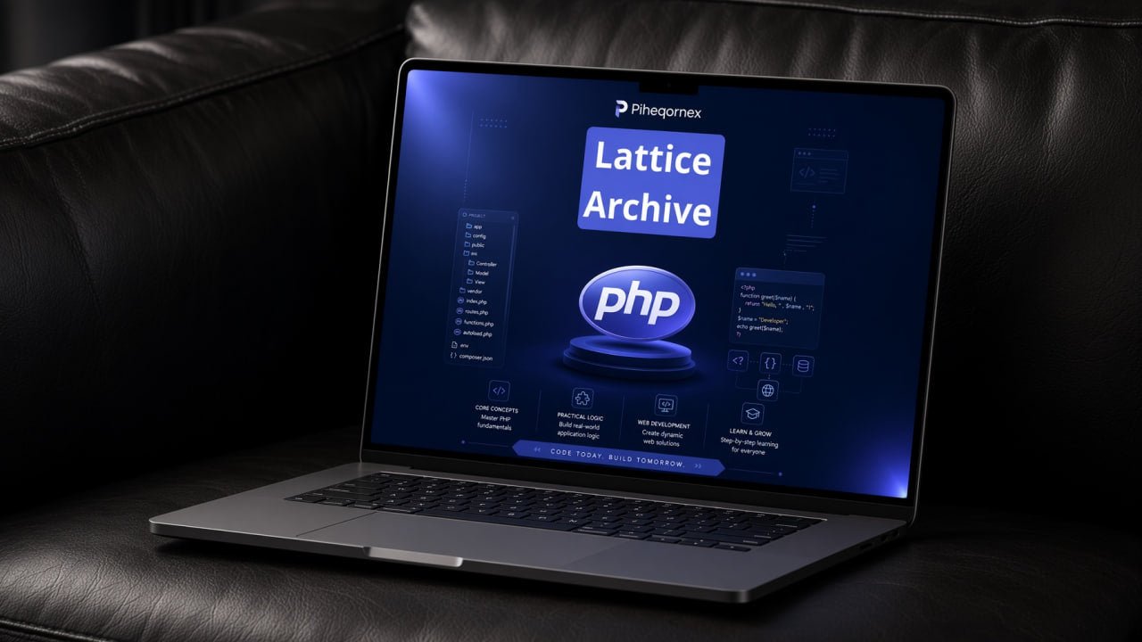 A silver laptop sits open on a black leather couch, displaying a blue software interface titled 'Lattice Archive' with a prominent 'php' logo on the screen.