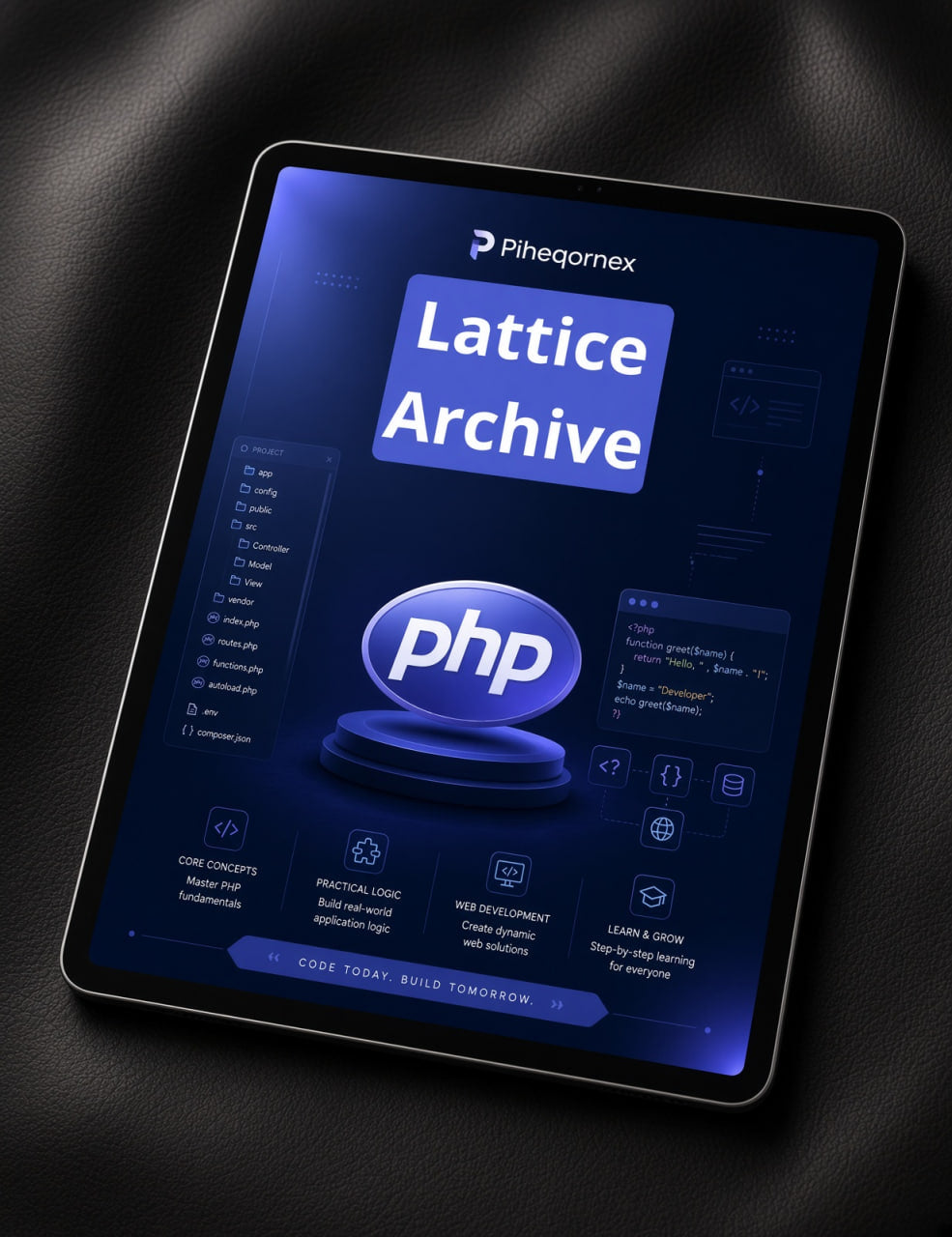 A tablet device displaying a blue and purple digital cover titled 'Lattice Archive' with a large 'php' logo, photographed on a dark textured leather surface.