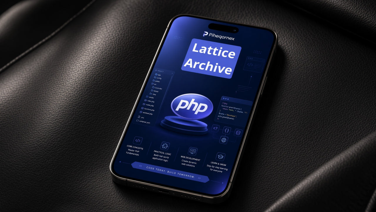 A smartphone lying on a black leather surface, displaying a blue app interface titled "Lattice Archive" with a large PHP logo on the screen.