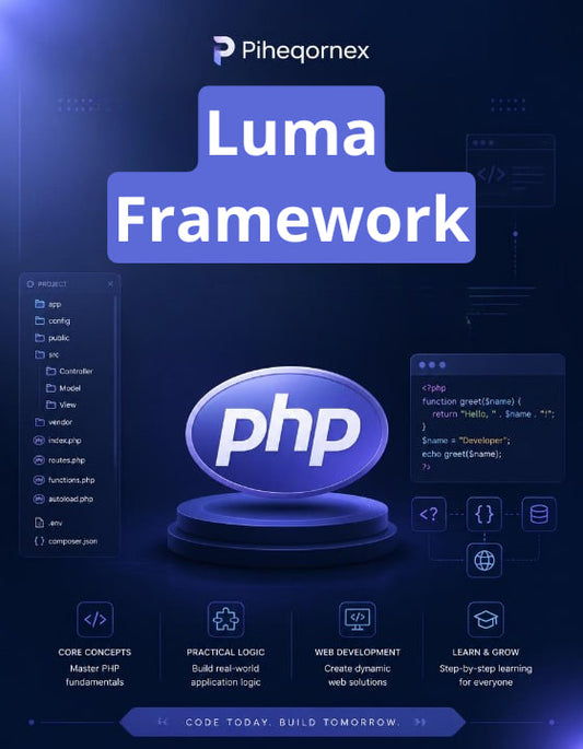 Promotional graphic for 'Luma Framework' featuring a large blue 'Luma' text block, a central glossy 'php' logo on a pedestal, and multiple UI-style panels with code and development icons on a dark blue background. The Piheqornex brand name appears at the top.