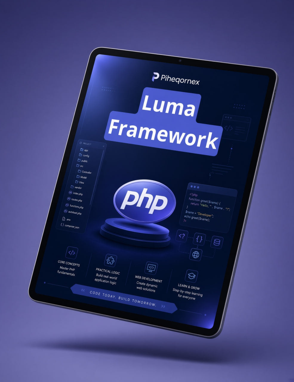 A tablet device shown at an angle on a purple gradient background, displaying a digital cover for 'Luma Framework' with a prominent PHP logo and interface panels.