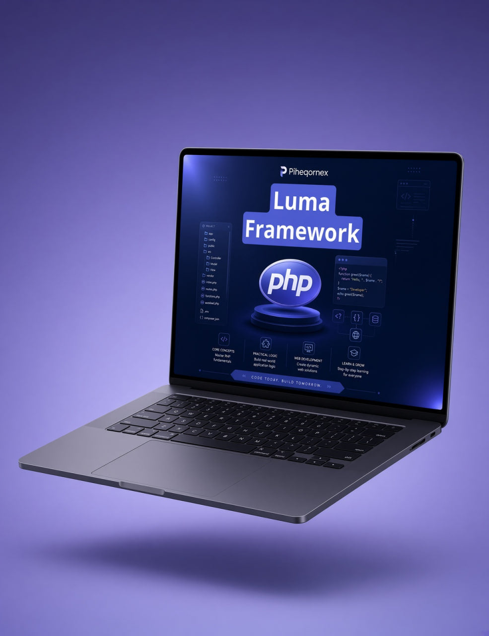 A floating silver laptop on a purple gradient background, displaying the 'Luma Framework' and 'php' logo on its screen.