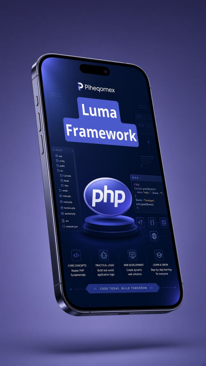 A smartphone shown at an angle against a dark purple gradient background, displaying the Pinegrowm Luma Framework interface with a prominent blue 'php' logo on the screen.