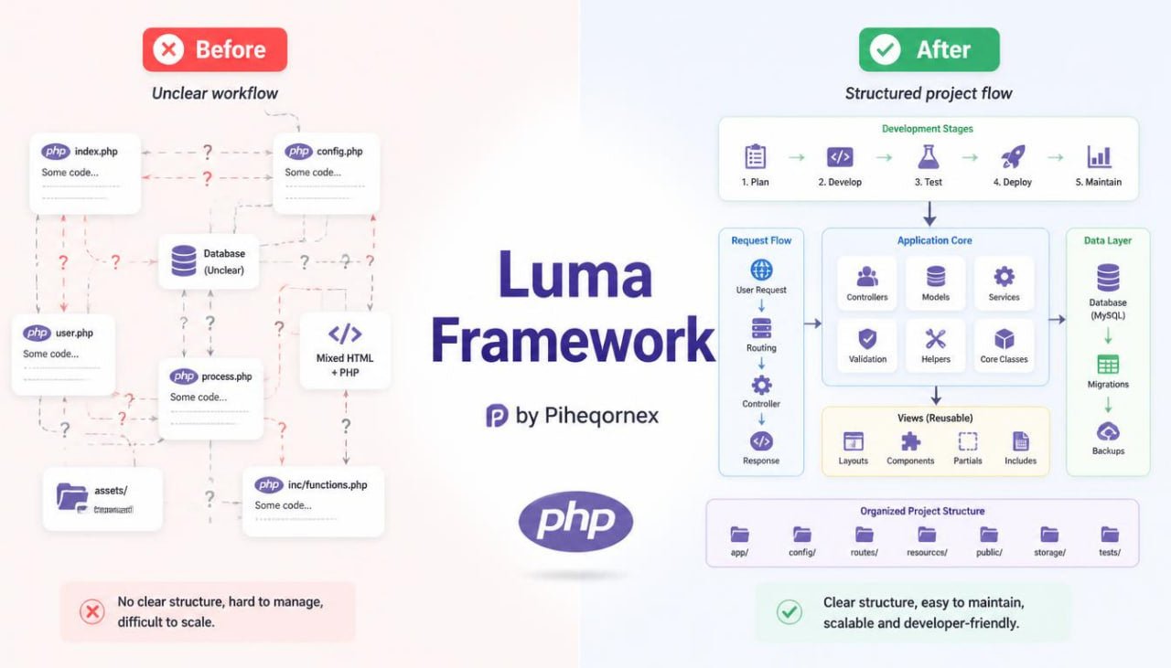 A promotional comparison graphic for Luma Framework showing a messy, unclear workflow labeled 'Before' on the left and a clean, structured project flow labeled 'After' on the right. The center features the text 'Luma Framework' and 'By Piheqornex' with a PHP logo.
