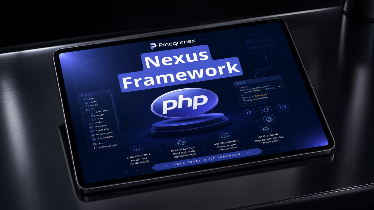 A tablet device displaying the 'Nexus Framework' PHP platform on its screen, set against a dark, glossy surface.