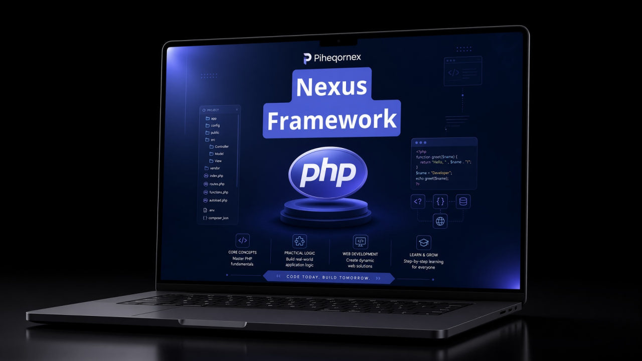 A dark gray laptop on a black reflective surface, displaying a blue and purple user interface for 'Nexus Framework' with 'php' branding on the screen.