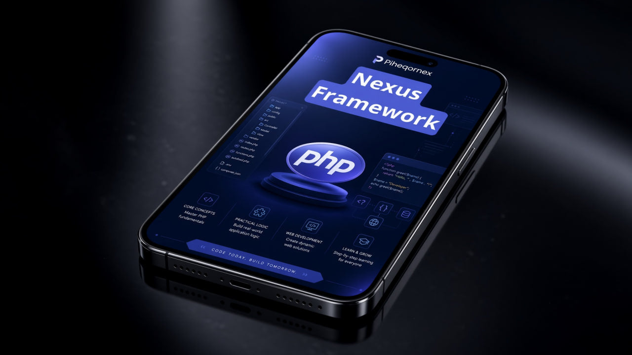 A black smartphone angled on a dark reflective surface, displaying a blue and purple interface with the text 'Nexus Framework' and a large 'php' logo.