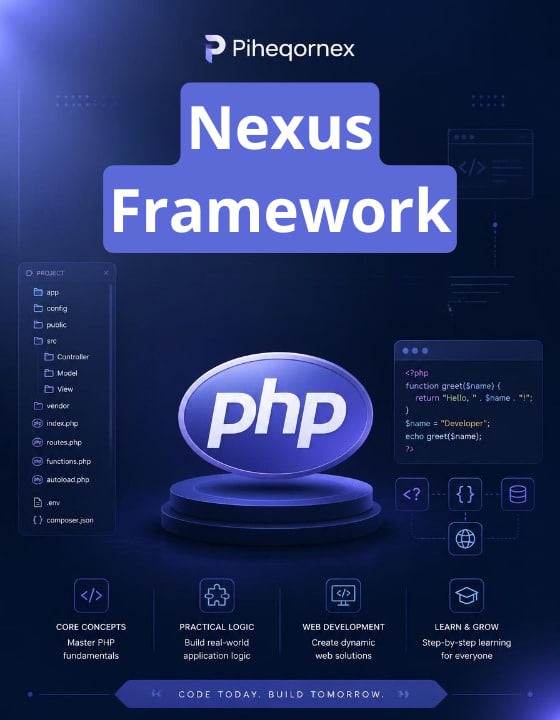 Promotional graphic for 'Nexus Framework' featuring a large blue 'Nexus Framework' title, a central 'php' logo on a pedestal, and various tech-themed UI panels and icons on a dark blue background. The Piheqornex brand name is visible at the top.