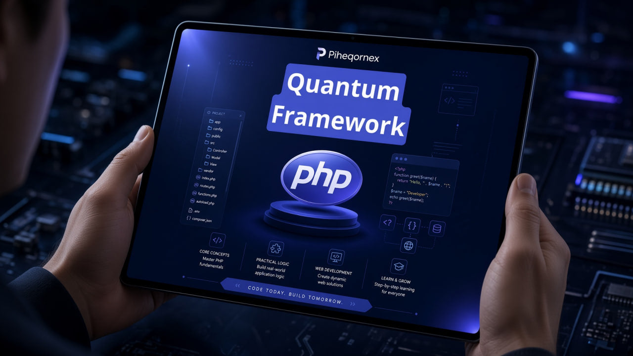 A person holds a tablet showing a digital presentation for 'Quantum Framework' with the PHP logo on the screen, set against a dark, high-tech background.