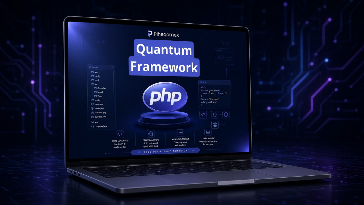 A silver laptop on a dark surface displaying a digital interface titled 'Quantum Framework' with a large 'php' logo. The background is a dark blue circuit-board pattern with glowing purple lights.