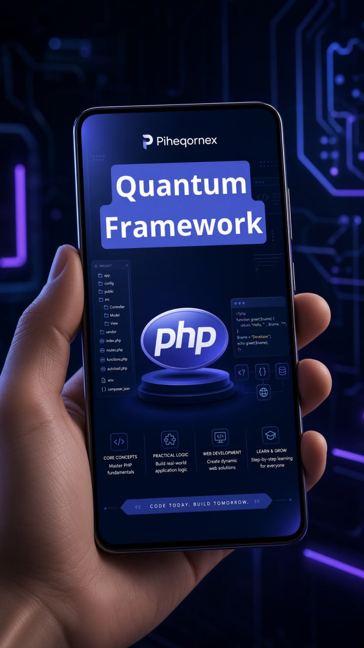 A hand holds a smartphone displaying the Piheqornex Quantum Framework app, featuring a dark blue and purple interface with a prominent 'php' logo, set against a futuristic circuit-board background.