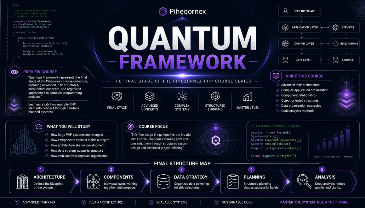 A dark promotional infographic for the Pihagorex Quantum Framework, featuring large white and purple title text, course details, architecture sections, and technical diagrams on a black background.