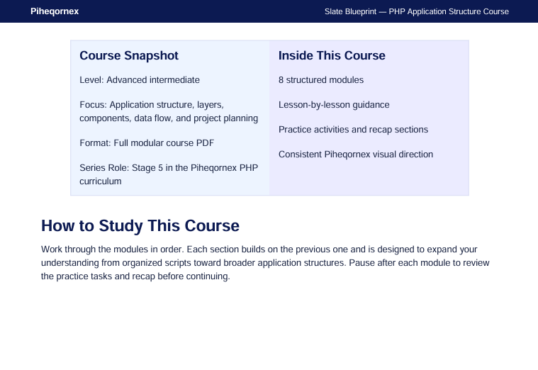 A digital course information page for the Piheqornex PHP Application Structure Course, showing a course snapshot and study instructions on a white background with a blue header.