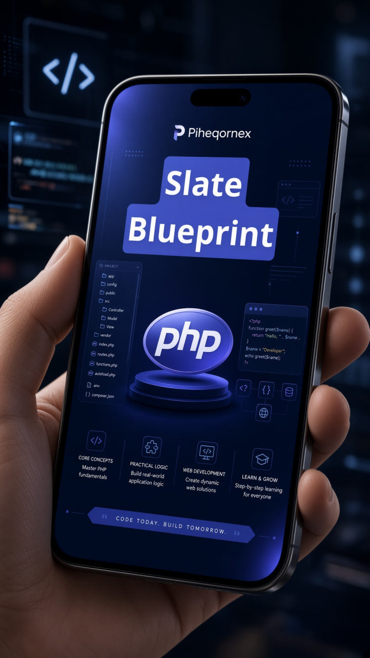 A hand holds a smartphone displaying a digital course or app interface titled 'Slate Blueprint' with 'php' featured prominently on the screen. The background is a dark, blurred tech-themed environment with code symbols.