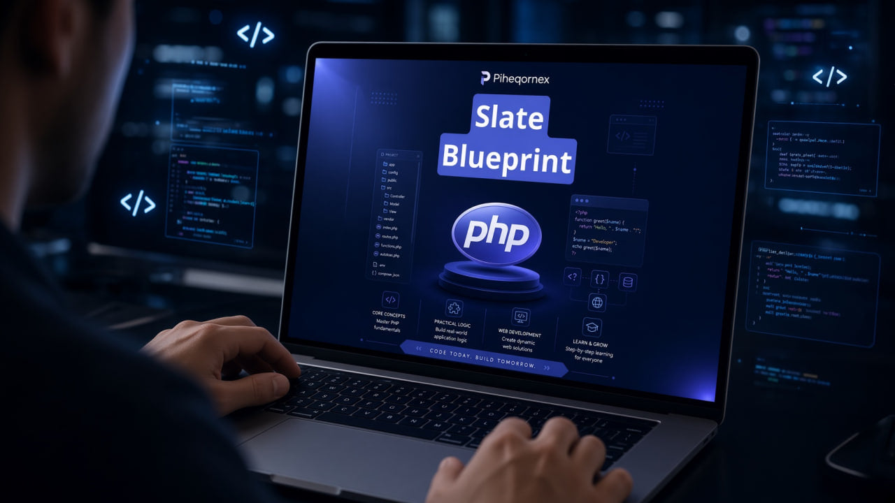 A person using a laptop in a dark, tech-themed environment. The laptop screen displays a presentation titled 'Slate Blueprint' with a prominent 'php' logo in the center.